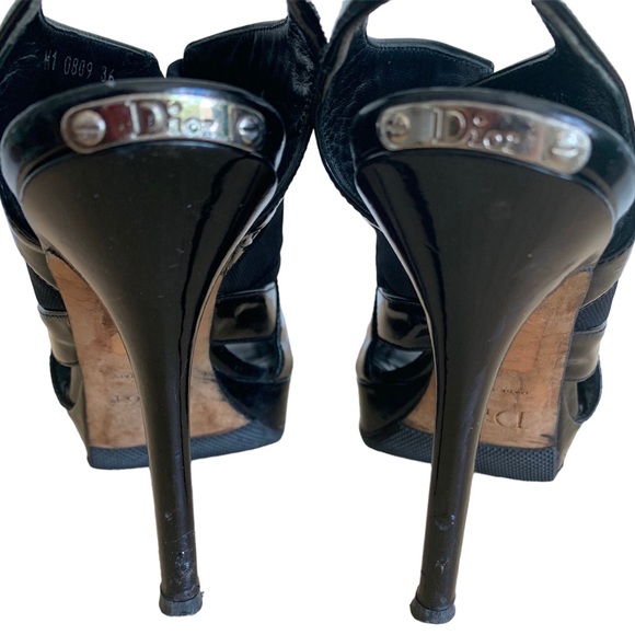 CHRISTIAN DIOR Black Patent Leather Mesh Platform Slingback Heels Size 6/ 36 - Picture 5 of 9